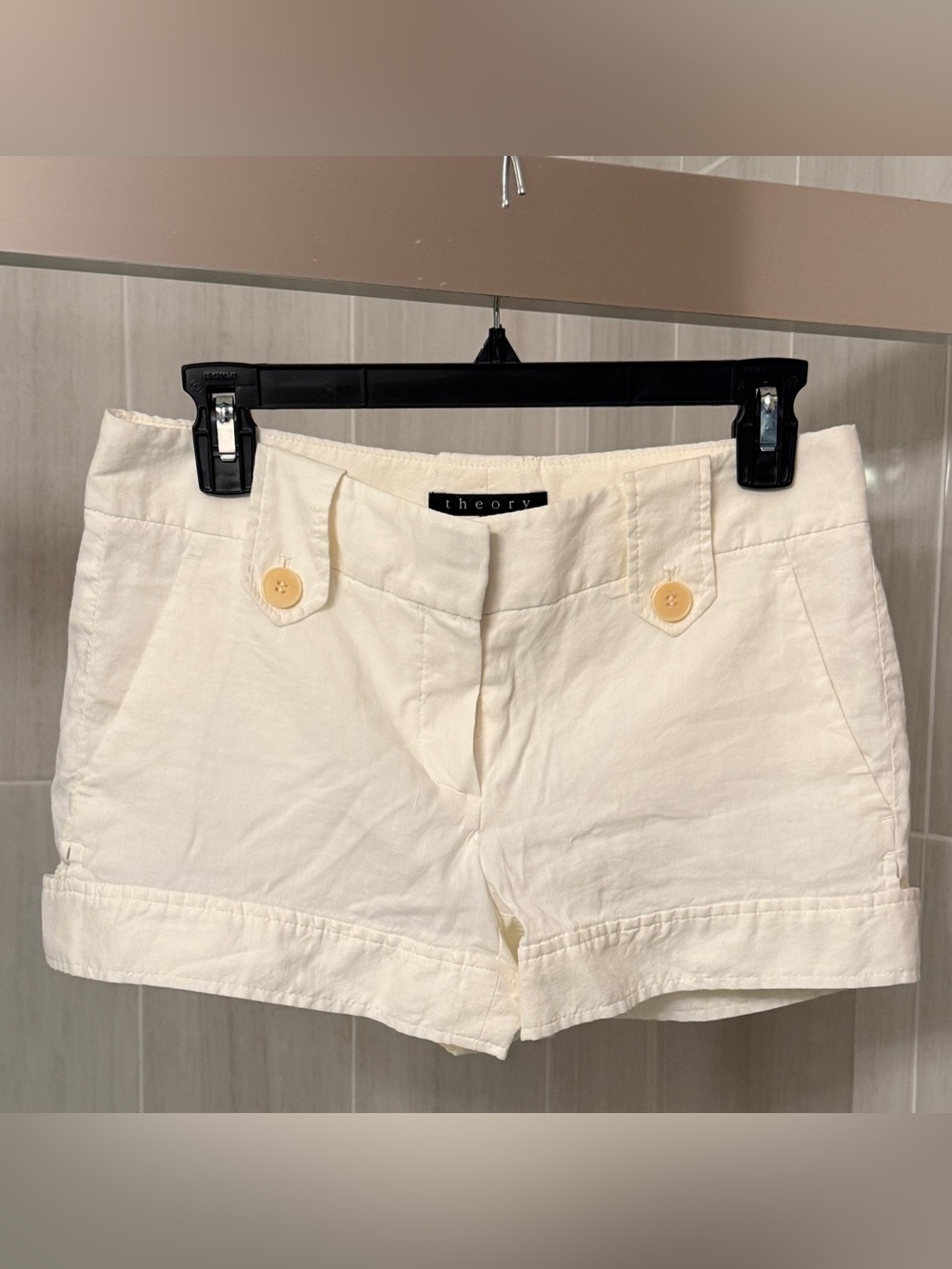 Theory White Linen Blend Button Tab Cuffed Shorts